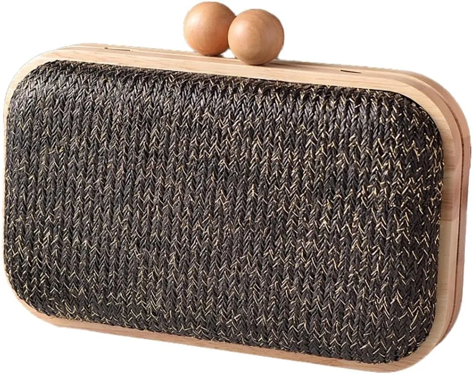 Woven Straw Clutch with Wooden Accents Straw Evening Bag for Women Summer Beach Crossbody Purse Rattan Handbag 2025