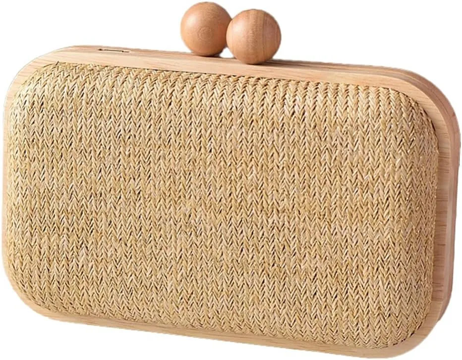 Woven Straw Clutch with Wooden Accents Straw Evening Bag for Women Summer Beach Crossbody Purse Rattan Handbag 2025