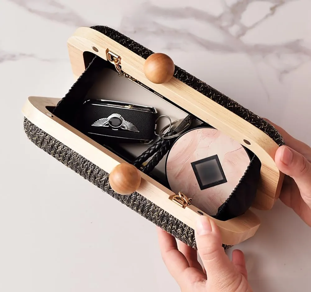 Woven Straw Clutch with Wooden Accents Straw Evening Bag for Women Summer Beach Crossbody Purse Rattan Handbag 2025