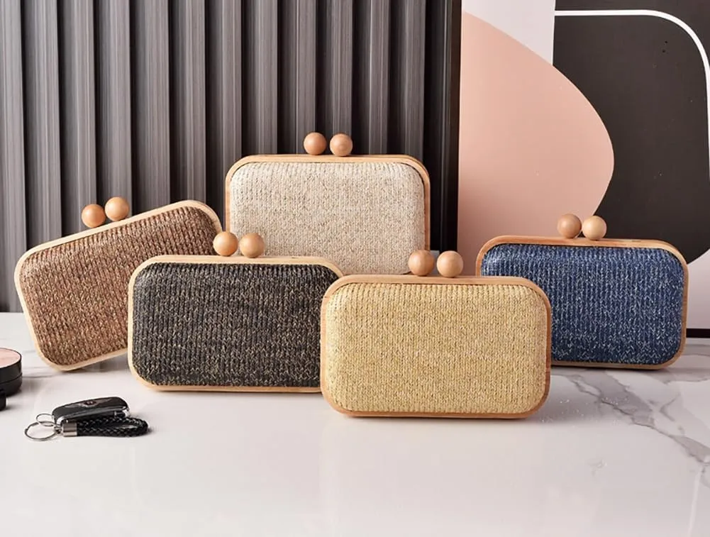 Woven Straw Clutch with Wooden Accents Straw Evening Bag for Women Summer Beach Crossbody Purse Rattan Handbag 2025