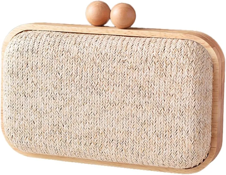 Woven Straw Clutch with Wooden Accents Straw Evening Bag for Women Summer Beach Crossbody Purse Rattan Handbag 2025