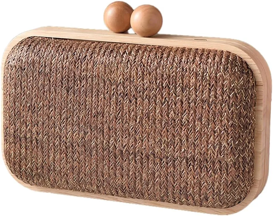Woven Straw Clutch with Wooden Accents Straw Evening Bag for Women Summer Beach Crossbody Purse Rattan Handbag 2025