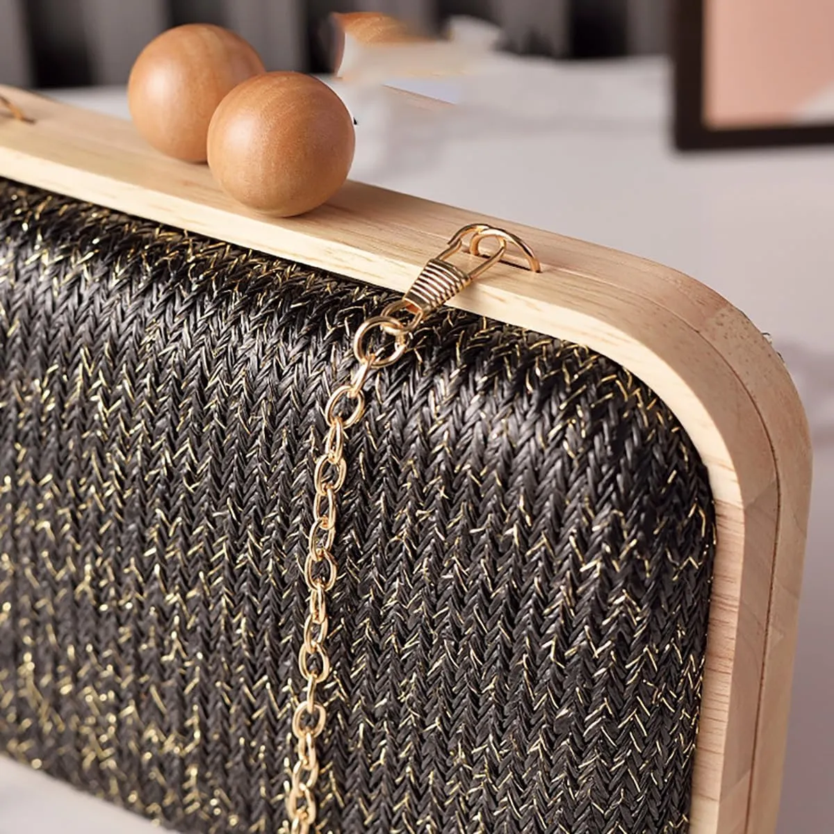 Woven Straw Clutch with Wooden Accents Straw Evening Bag for Women Summer Beach Crossbody Purse Rattan Handbag 2025