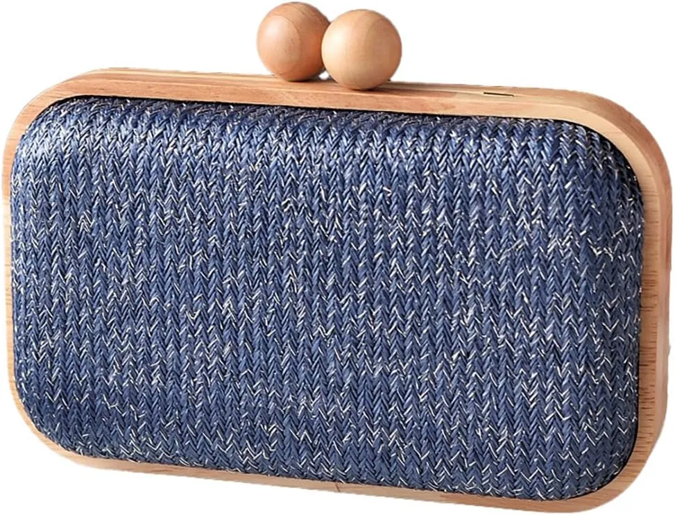 Woven Straw Clutch with Wooden Accents Straw Evening Bag for Women Summer Beach Crossbody Purse Rattan Handbag 2025