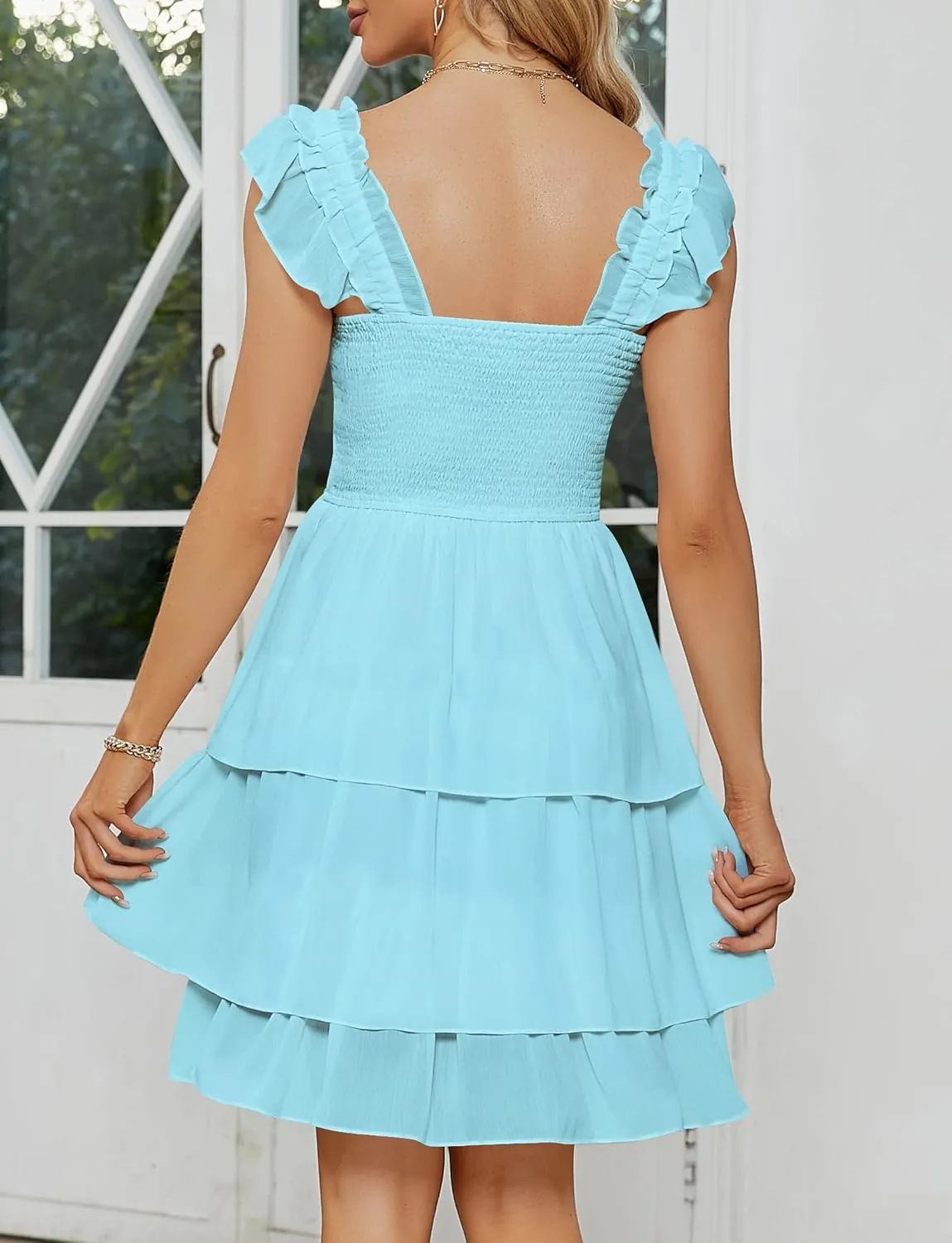 YATHON Smocked Ruffle Short Mini Dress for Women Square Neck Flowy Sleeveless Tiered Party Wedding Guest Dresses