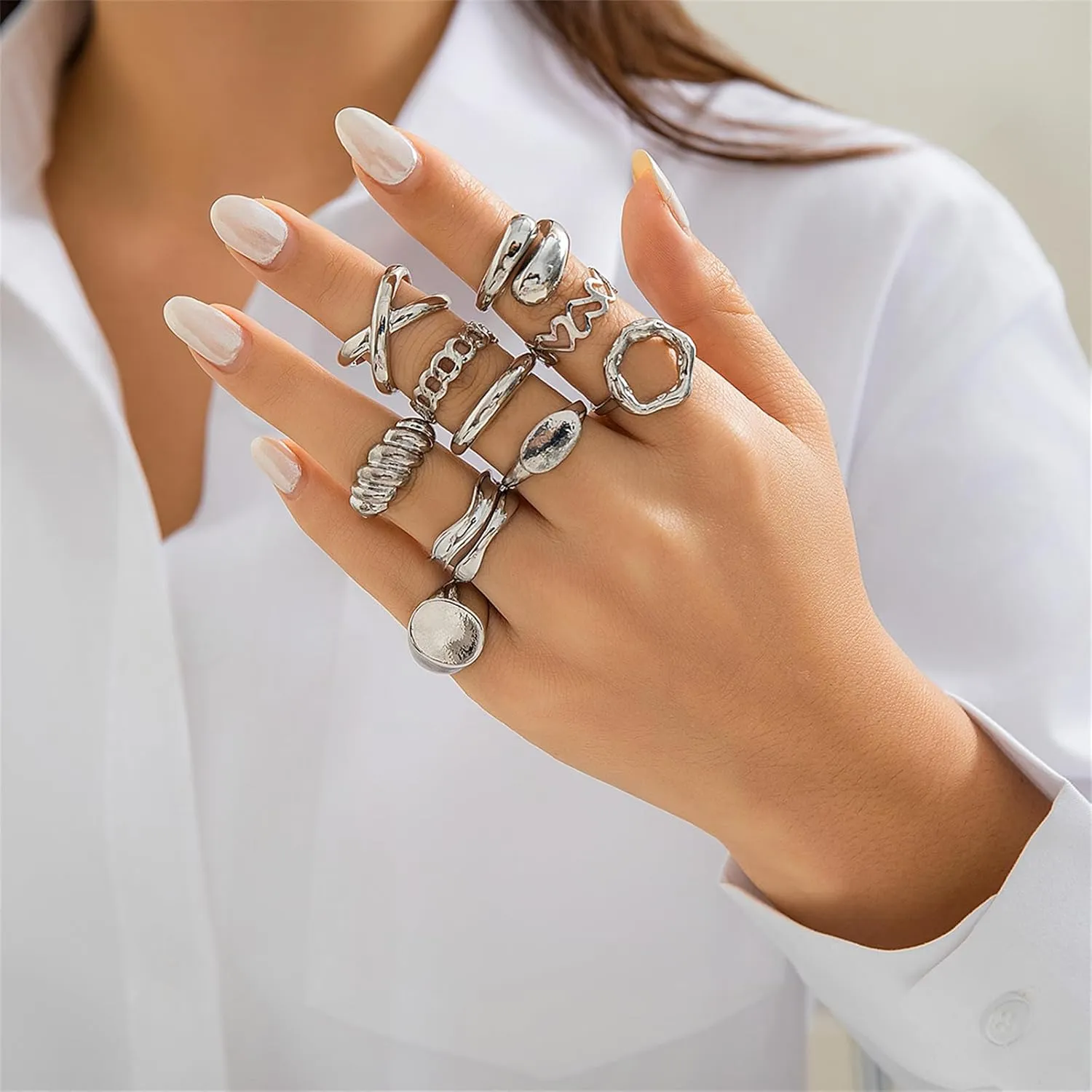 YBMYCM 3-10PCS Gold Silver Thick Dome Rings Set for Women Adjustable Geometric Rings Open Statement Rings for Women