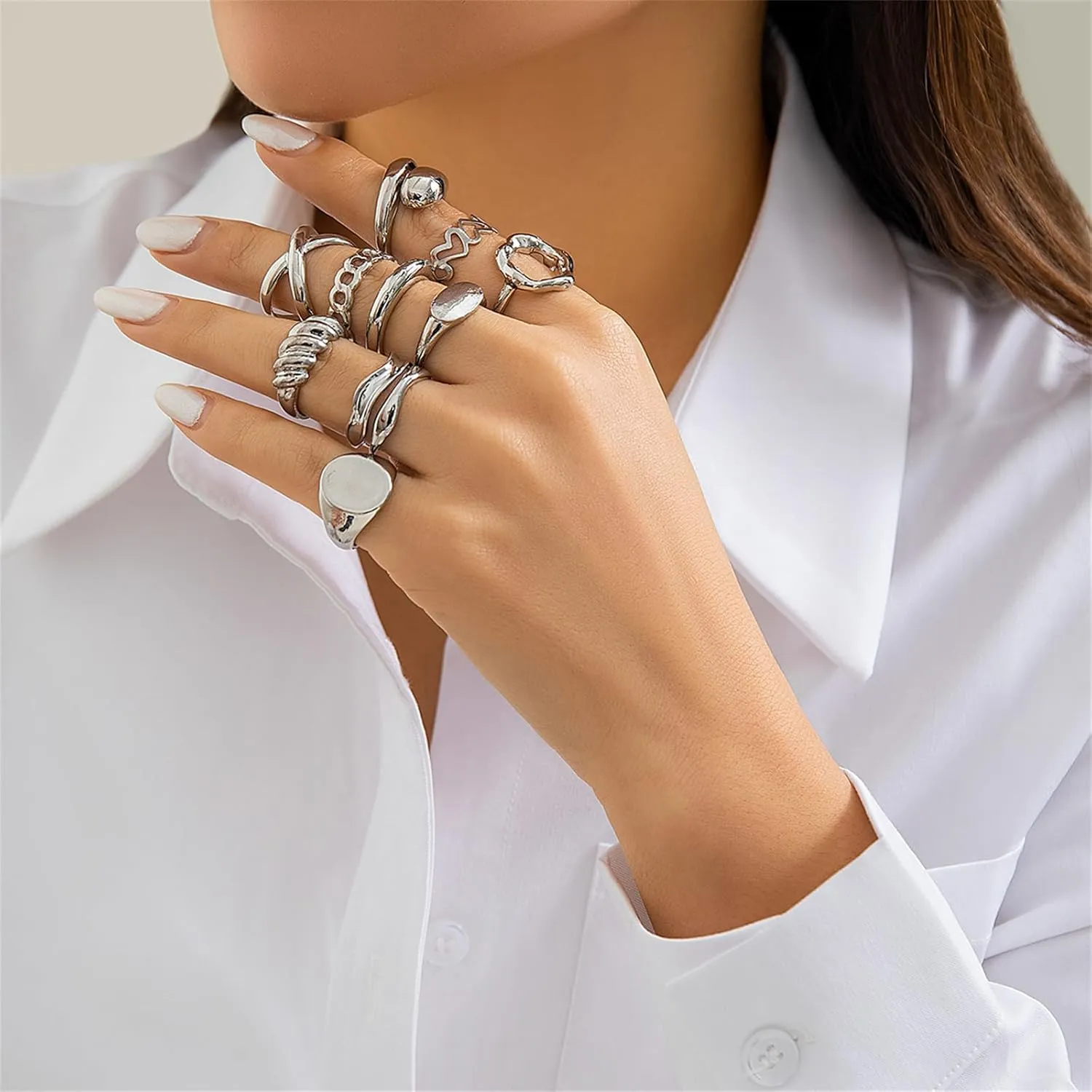 YBMYCM 3-10PCS Gold Silver Thick Dome Rings Set for Women Adjustable Geometric Rings Open Statement Rings for Women