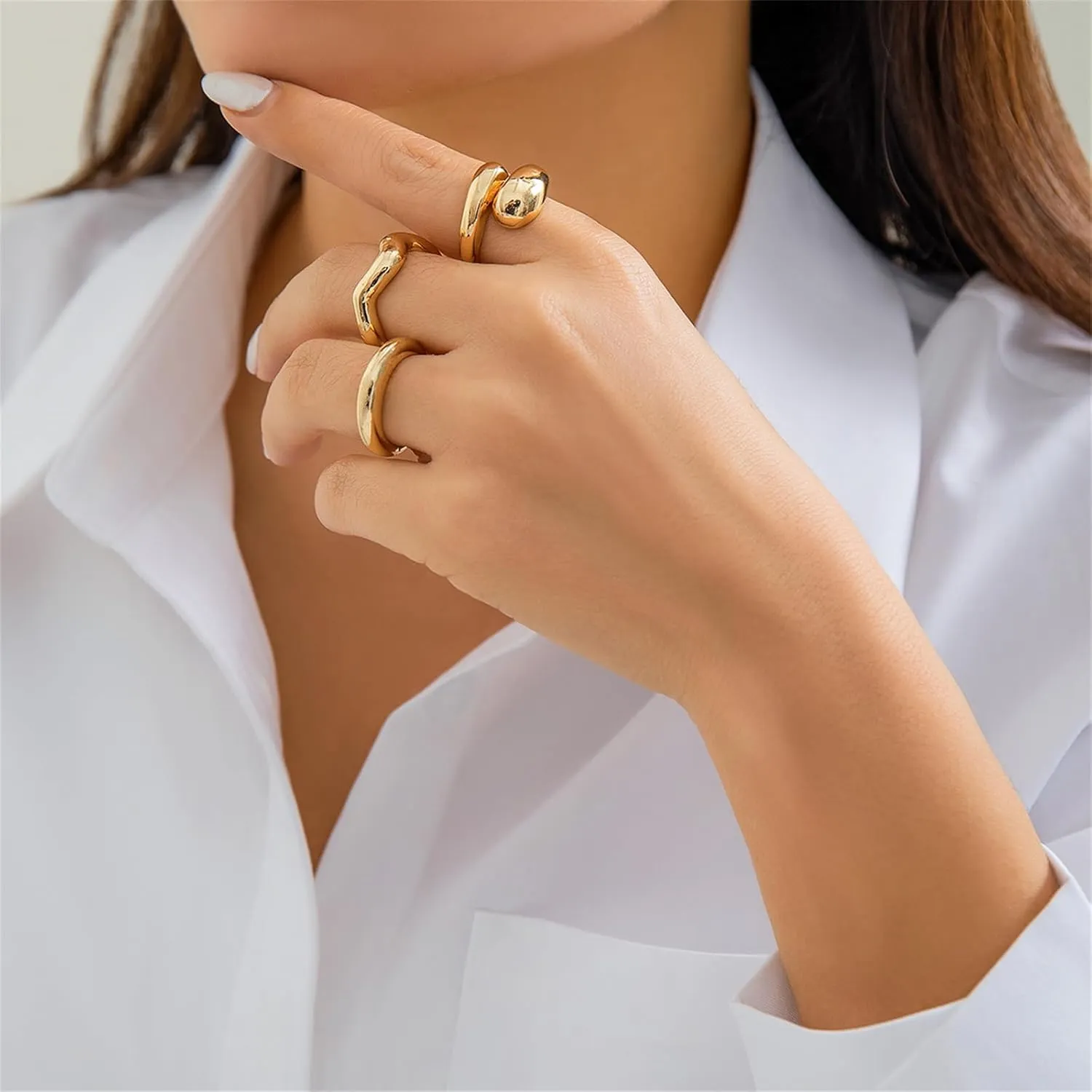 YBMYCM 3-10PCS Gold Silver Thick Dome Rings Set for Women Adjustable Geometric Rings Open Statement Rings for Women