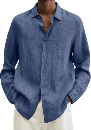 Ymosrh Long Sleeve T-Shirts for Men Spring Summer Men's Casual Cotton Linen Solid Color Shirts Loose Dress Tan
