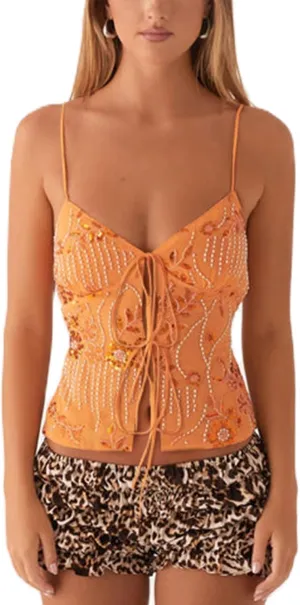 Ythomm Women Sequin Cami Tank Tops Sparkle Rhinestone Sleeveless Camisole Tie Up Front Backless Y2k Crop Tops Summer Clubwear