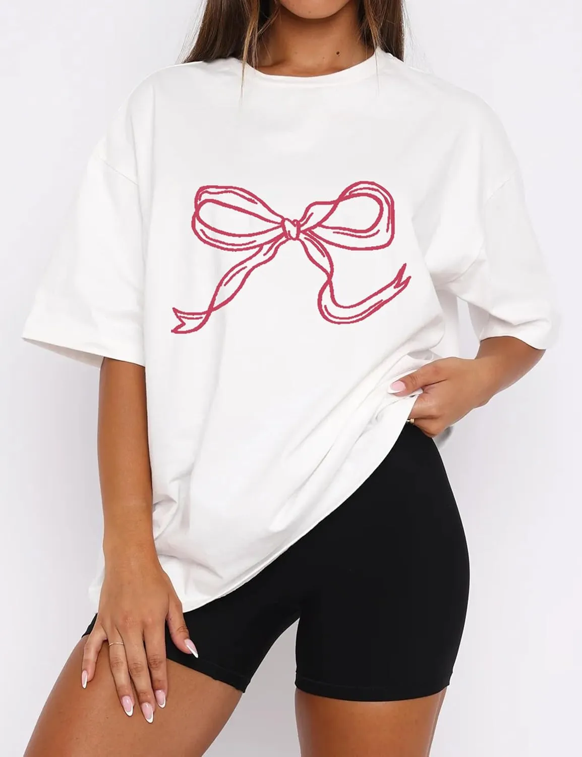 Ythomm Womens Bow Graphic Oversized T-Shirts Short Sleeve Crewneck Summer Basic Tees Going Out Tops Casual Loose Fit Blouse