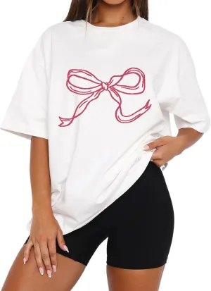 Ythomm Womens Bow Graphic Oversized T-Shirts Short Sleeve Crewneck Summer Basic Tees Going Out Tops Casual Loose Fit Blouse
