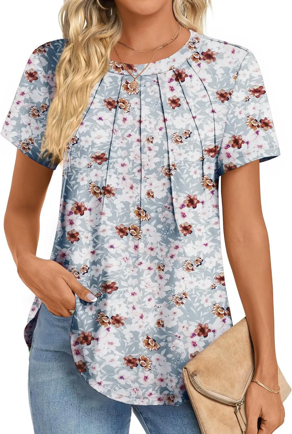 Zeagoo Womens Casual T Shirts for Summer 2025 Short Sleeve Crewneck Tunic Shirts Floral Print Tops Pleated Dressy Blouse