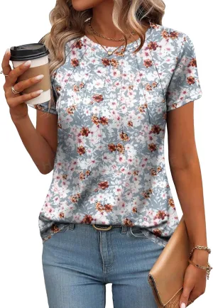 Zeagoo Womens Casual T Shirts for Summer 2025 Short Sleeve Crewneck Tunic Shirts Floral Print Tops Pleated Dressy Blouse