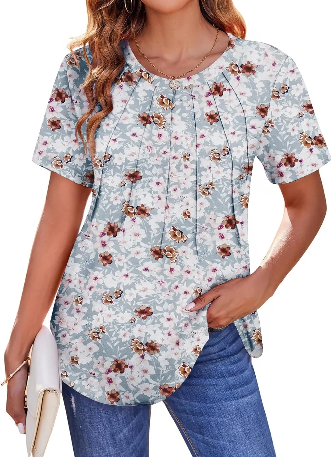 Zeagoo Womens Casual T Shirts for Summer 2025 Short Sleeve Crewneck Tunic Shirts Floral Print Tops Pleated Dressy Blouse