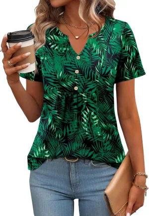 Zeagoo Womens Short Sleeve Tops Summer Henley V-Neck Tshirts Casual Pleated Blouse Dressy Loose Floral Basic Tee
