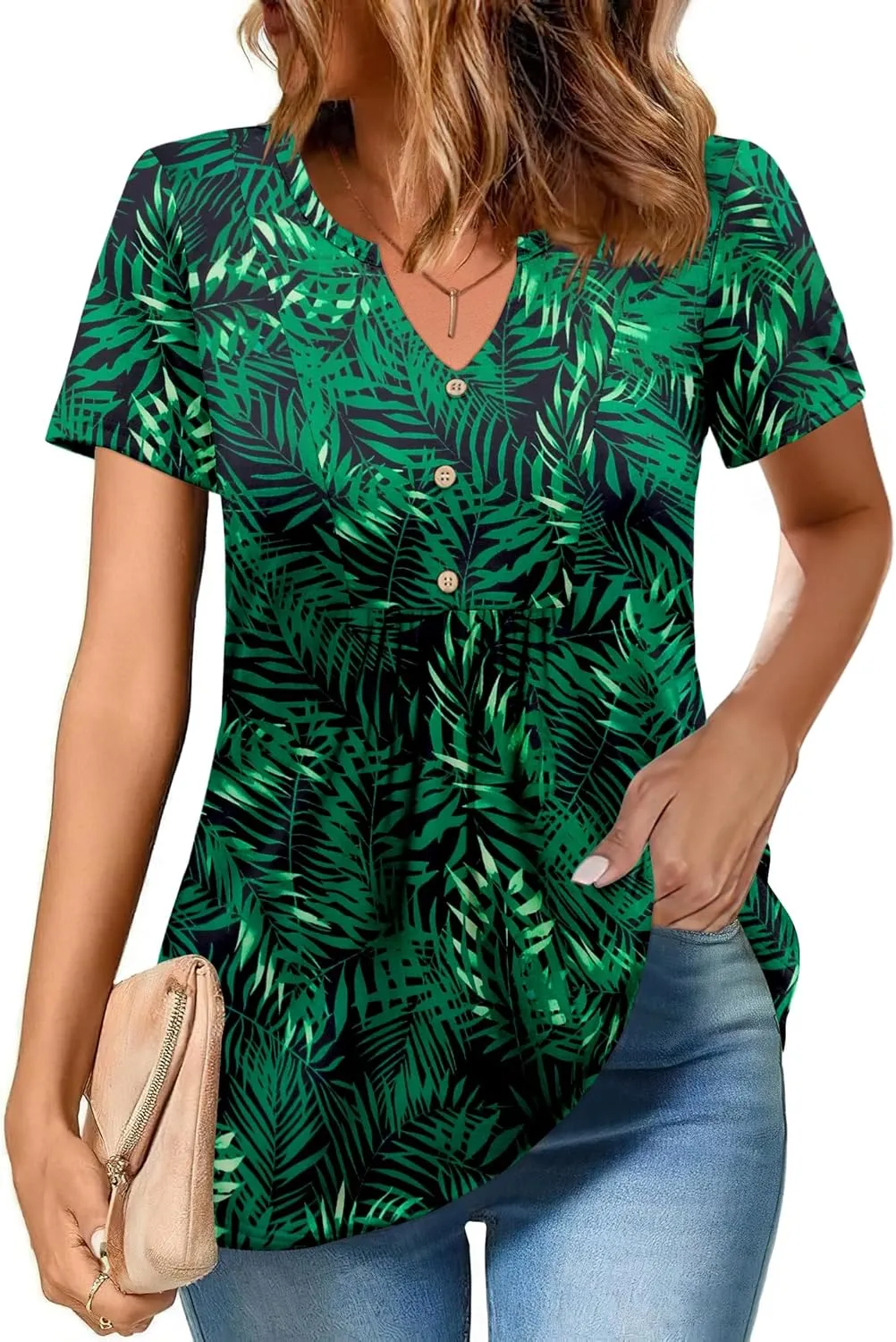 Zeagoo Womens Short Sleeve Tops Summer Henley V-Neck Tshirts Casual Pleated Blouse Dressy Loose Floral Basic Tee