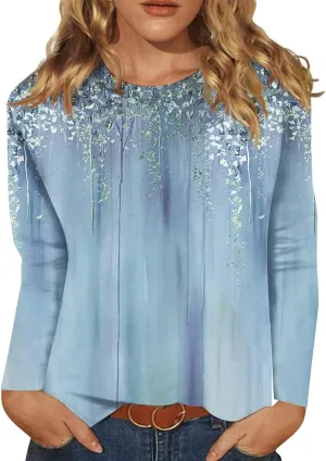 ZEFOTIM Women Long Sleeve Tops 2024 Fall Fitted Flowy Floral/Geometric Crewneck Blouses Loose Fit Cute Tunic Tshirts