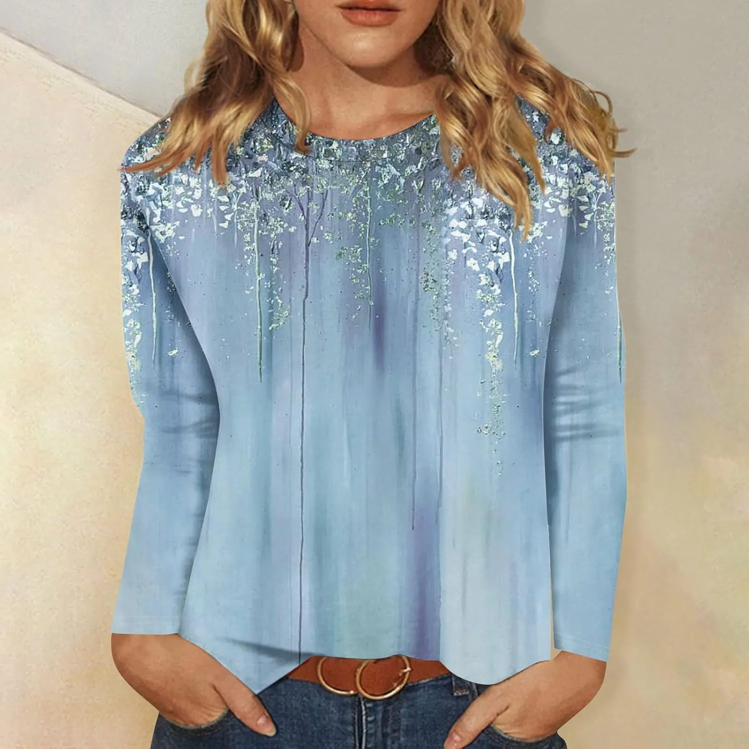 ZEFOTIM Women Long Sleeve Tops 2024 Fall Fitted Flowy Floral/Geometric Crewneck Blouses Loose Fit Cute Tunic Tshirts