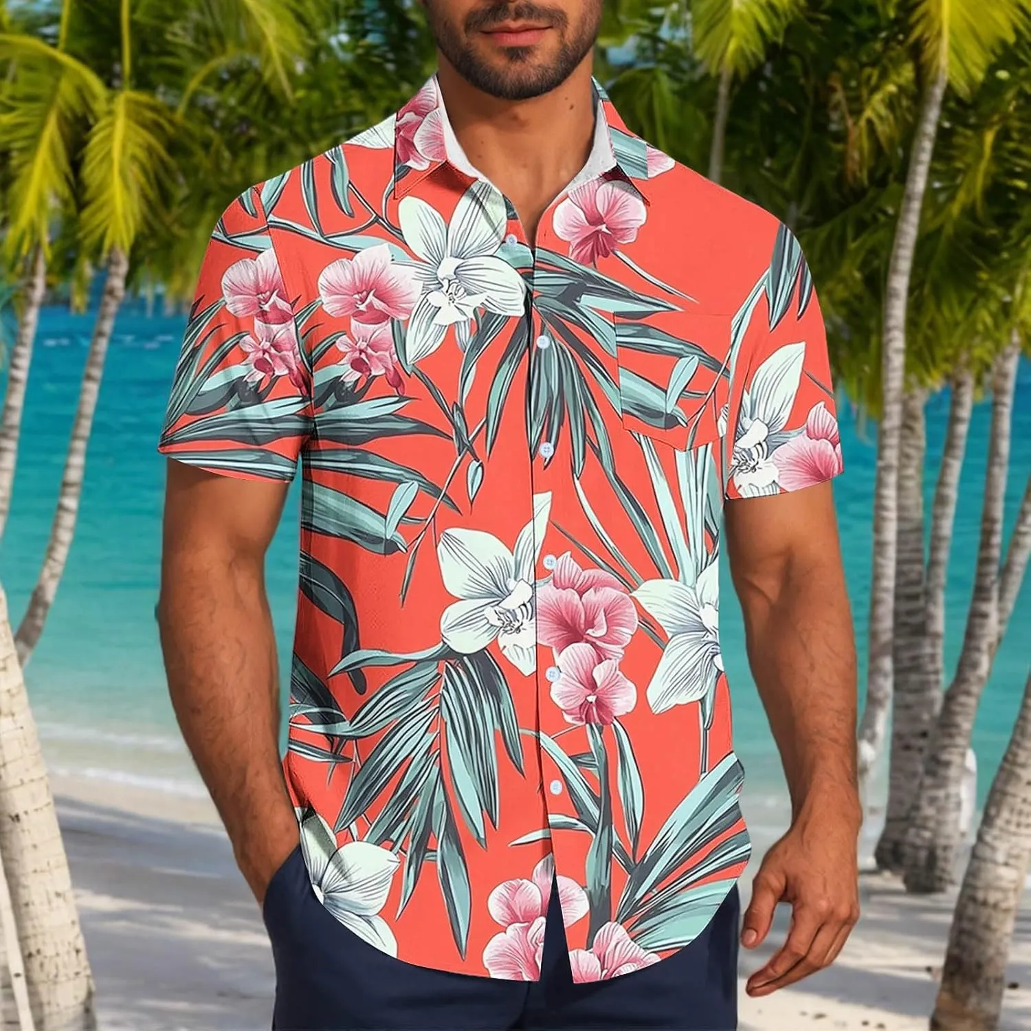 Zeiyignr Hawaiian Shirt for Men with Pocket - Short Sleeve Button Down Wrinkle-Resistant for Beach, Pool Parties, Vacation