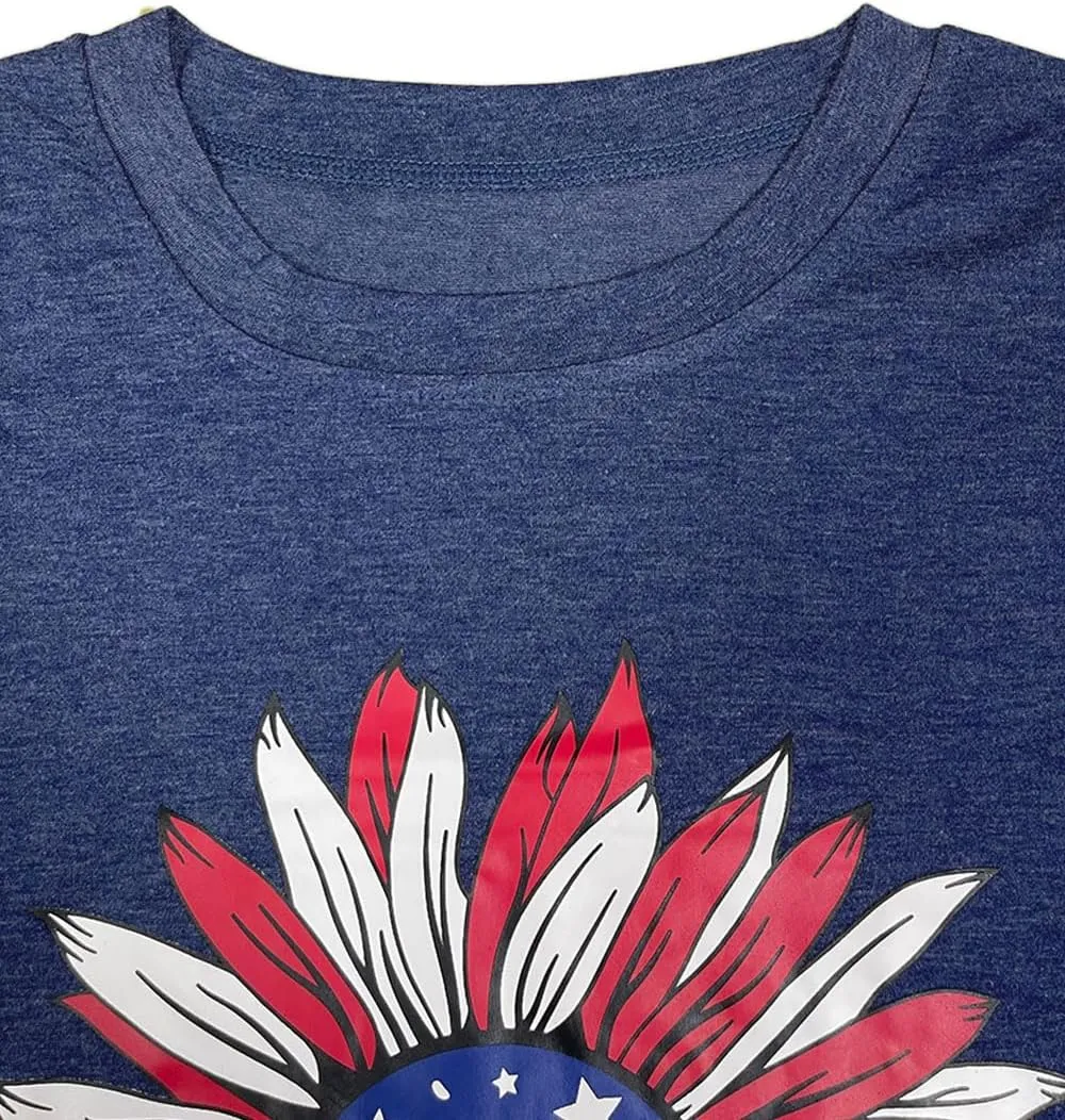 ZWSYXL American Flag Sunflower Shirts Women 4th of July Graphic Tees Patriotic T-Shirts USA Flag Star Stripe Tops