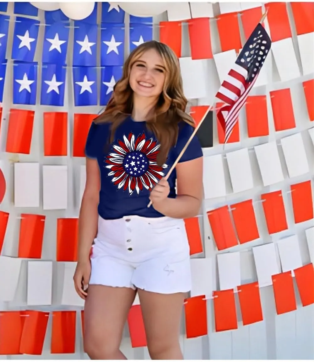 ZWSYXL American Flag Sunflower Shirts Women 4th of July Graphic Tees Patriotic T-Shirts USA Flag Star Stripe Tops