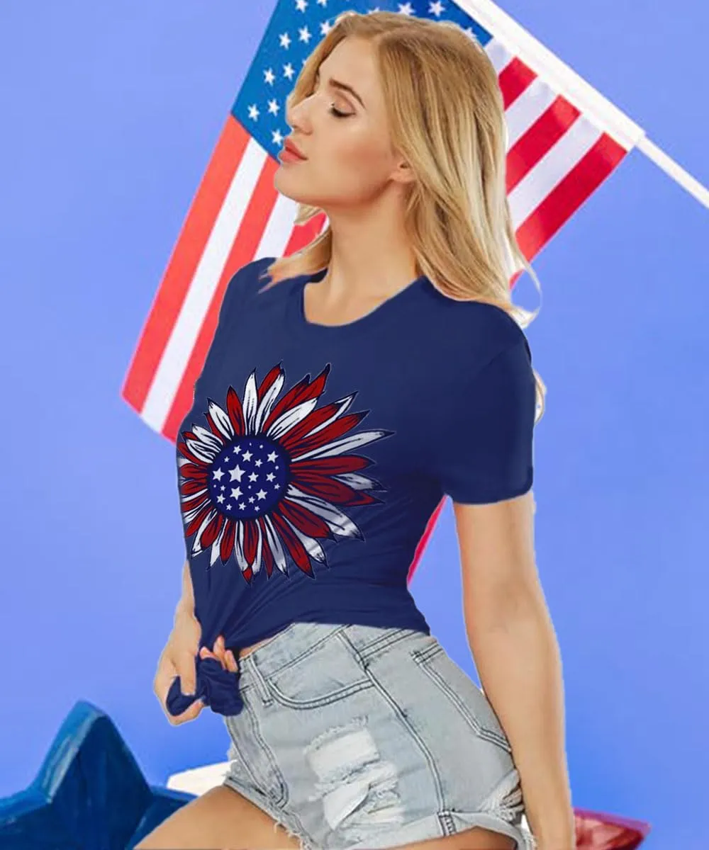 ZWSYXL American Flag Sunflower Shirts Women 4th of July Graphic Tees Patriotic T-Shirts USA Flag Star Stripe Tops
