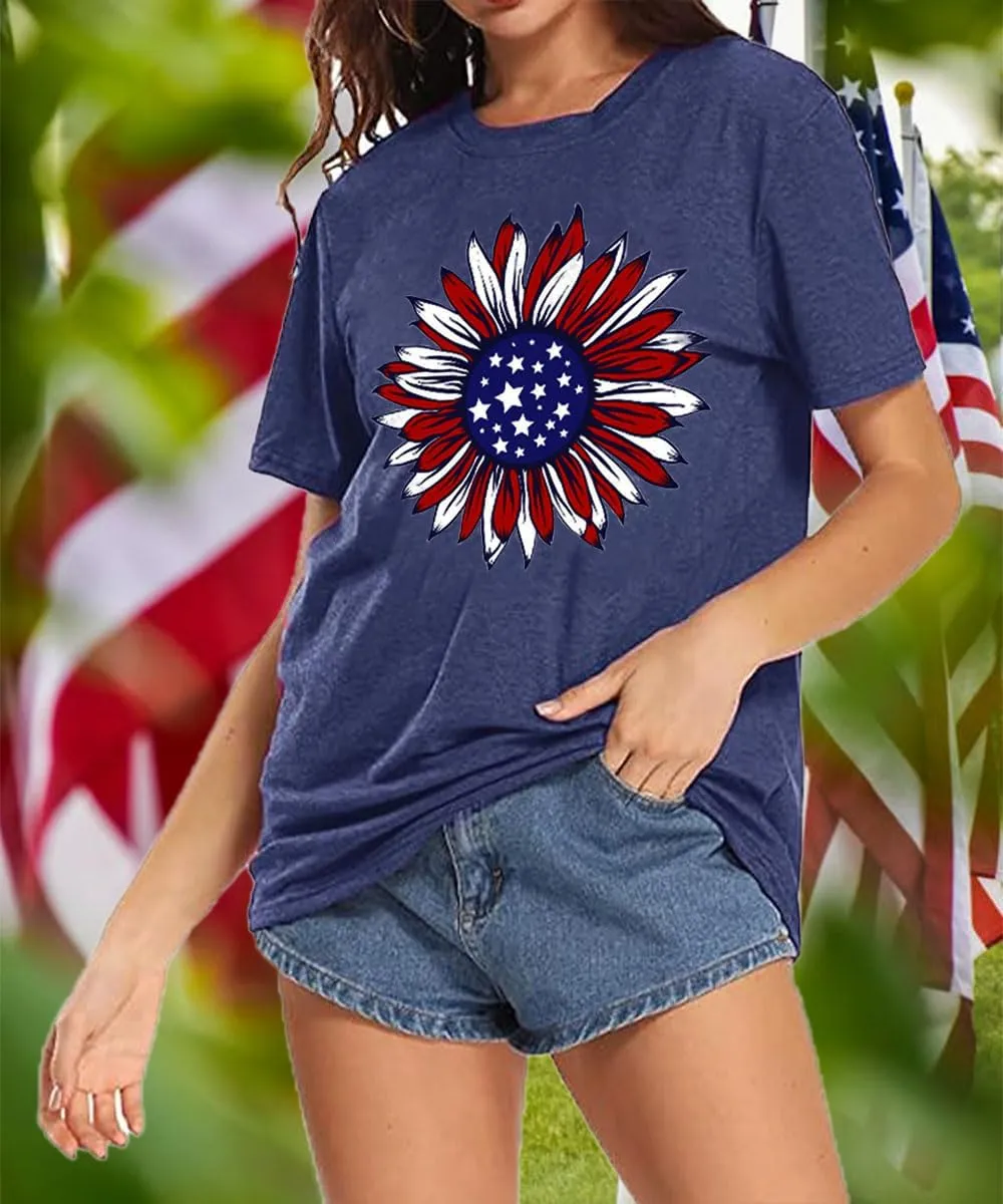 ZWSYXL American Flag Sunflower Shirts Women 4th of July Graphic Tees Patriotic T-Shirts USA Flag Star Stripe Tops